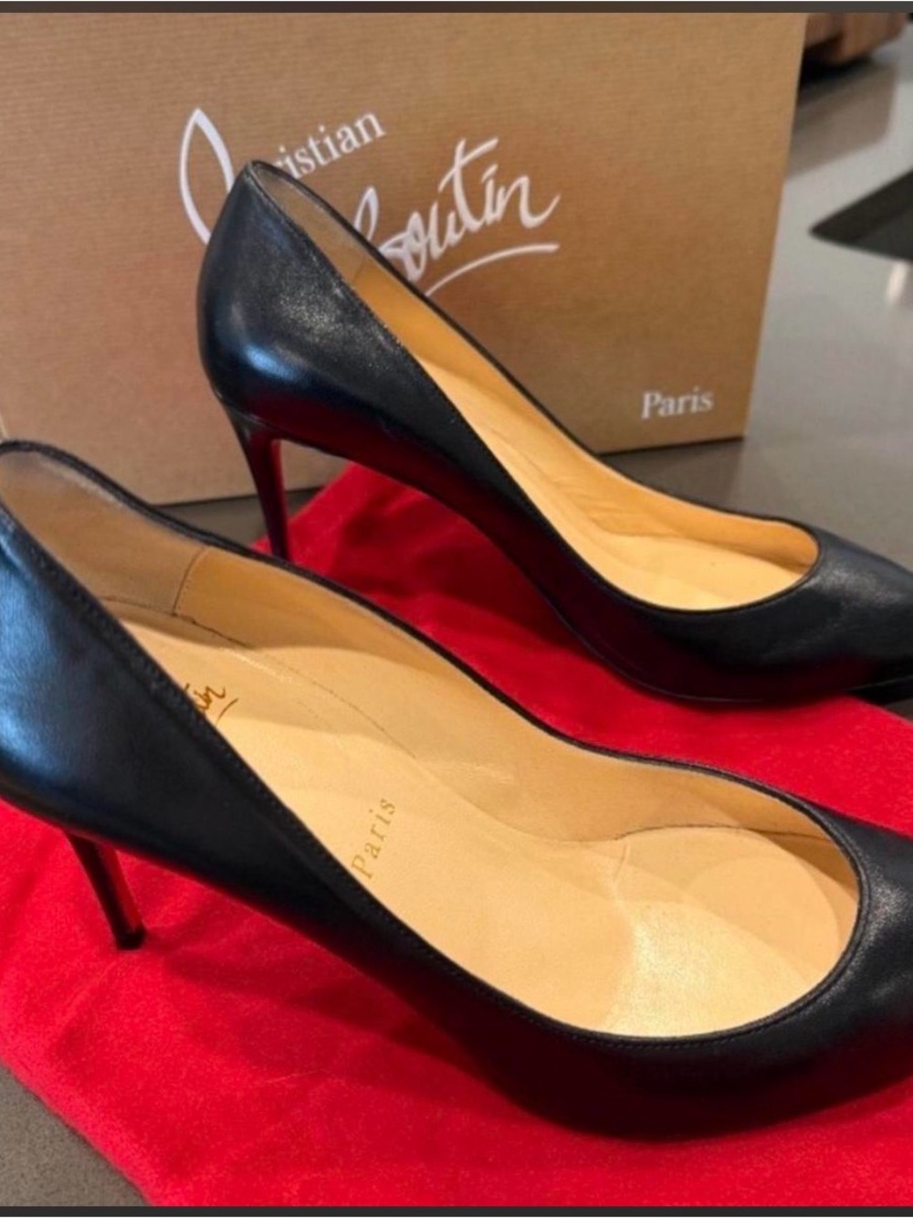 Christian Louboutin Black Leather Pointed-Toe Pumps with Red Sole